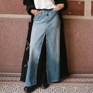 Free People Come as You Are Denim Maxi Skirt Sapphire Blue Slit Size 6 NWT